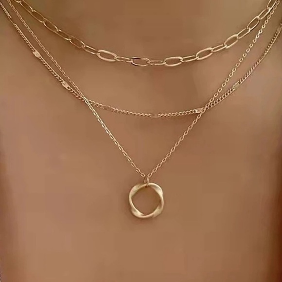 Gold Layered Chain Necklace with Circle Pendant - Picture 1 of 7